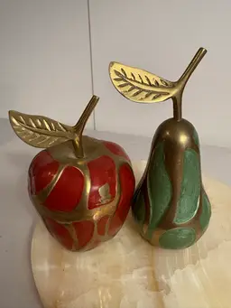 Vintage Brass and Enamel Pear And Apple Paperweights/Figurines