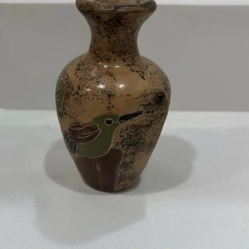 Vintage Chorotega Pottery Vase Bird & Flower Motif Miniature Sgraffito