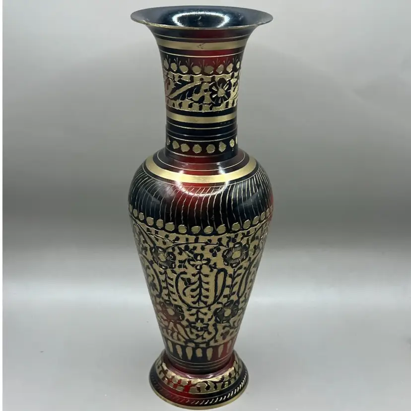 Etched Brass Vase Red And Black Finish 9.75”