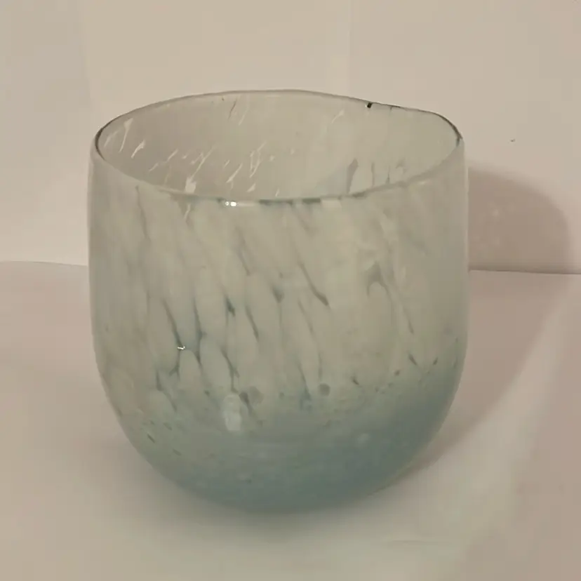 #472 Hand Blown Art Glass Vase/candle Holder White/seafoam Green Crackle Effect