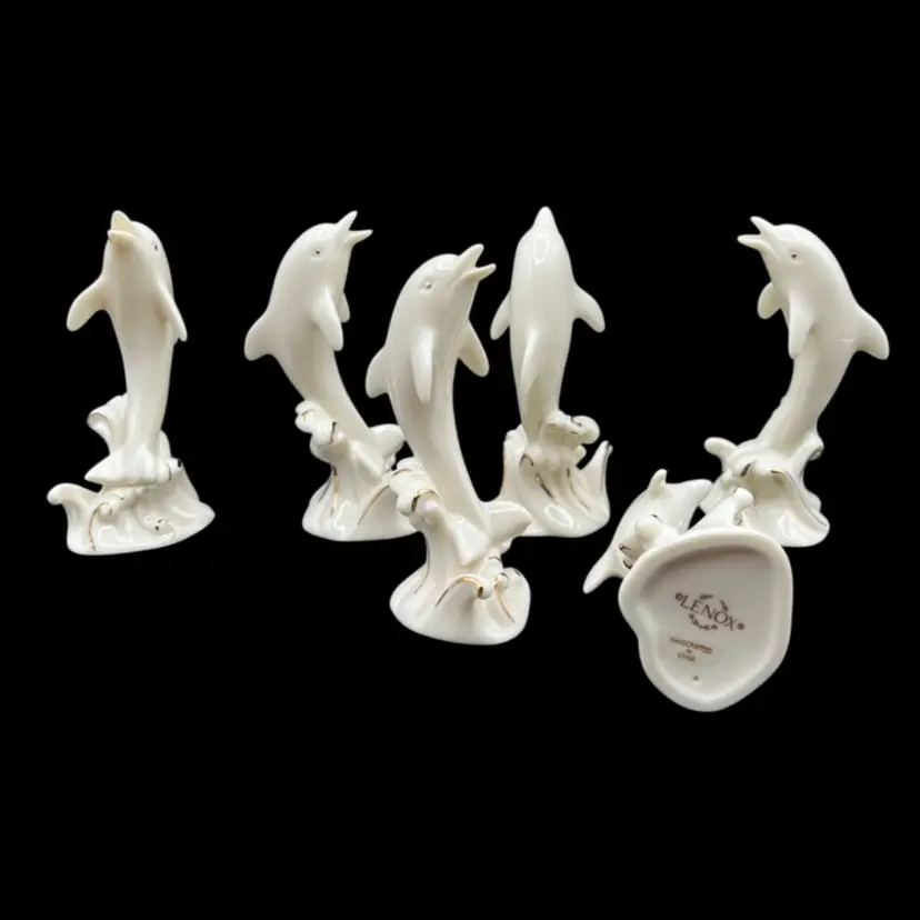 #235A Vintage Lenox Miniature Porcelain Jumping Waves Dolphin Figurine.  Ivory Color Glaze With Hand Painted 24K Gold Accents