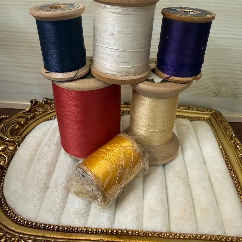 Six Vintage Wooden Spools With Thread