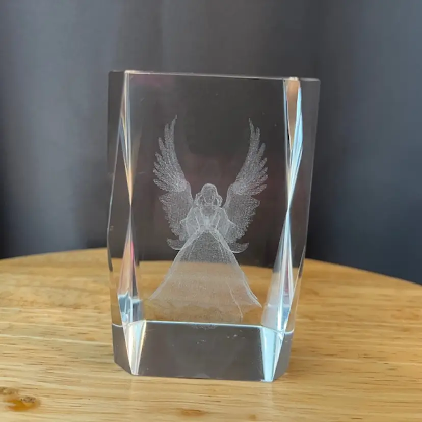 3D Laser Etched Crystal Paperweight with Angel 3" tall x 2" wide