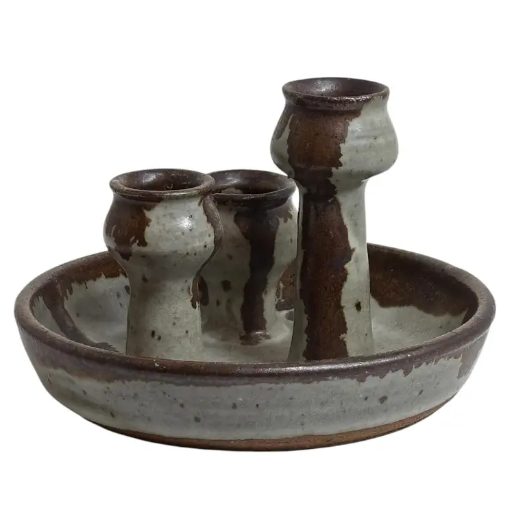 Art Pottery Triple Candle Holder Gray Brown Drip Glaze Marked