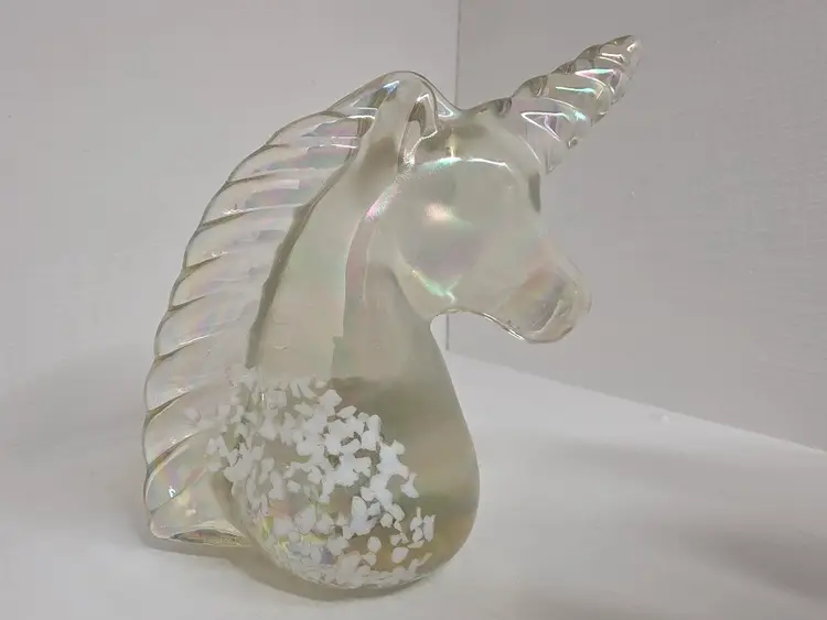 Pair of Iridescent Blown Glass Unicorn Head Figure Paperweights