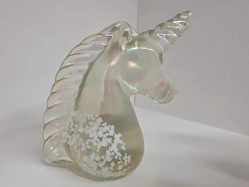 Pair of Iridescent Blown Glass Unicorn Head Figure Paperweights