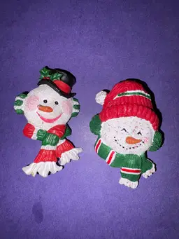 Lot Of 2 Vintage Christmas Snowman Brooches ~ Some Glitter On Both ~ Wearing Red And Green Hat And Scarf