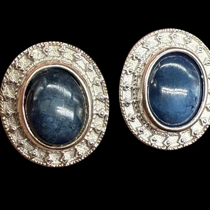 Scarce Vintage FISTER Star Sapphire 925 Sterling Silver Oval Earrings