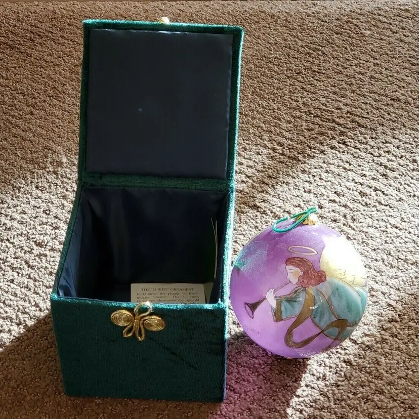 CHRISTMAS Glass Angel Ornament  Reverse Hand Painted with Green Box - 1999 Vintage