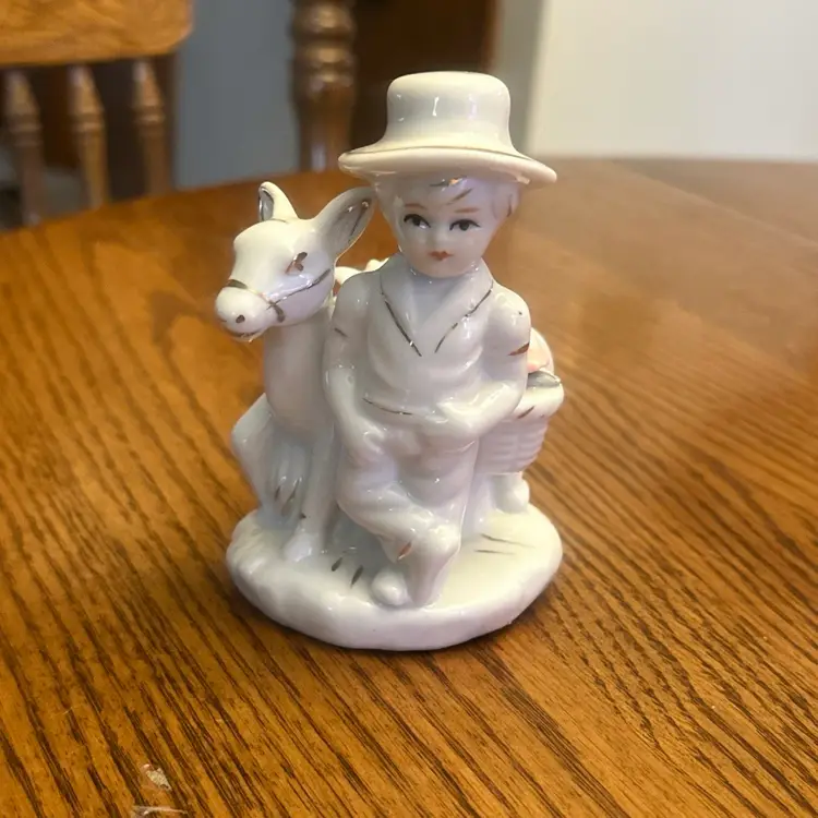 Vintage GOT Ceramic Figure White trimmed with gold. Boy & donkey Basket Flower