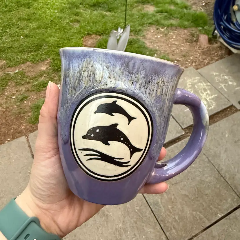 Vintage Dolphins Graphic Pottery Spoon Holder Beach Coastal Nautical Mug