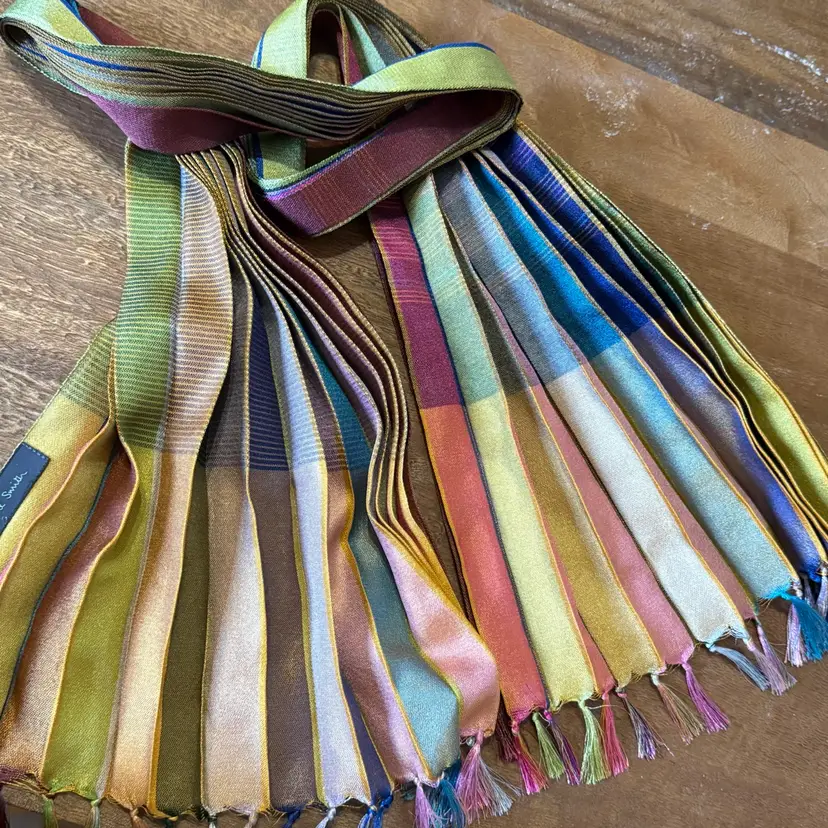 Paul Smith Accordion Fold Multi Color Tasseled Scarf  62”
