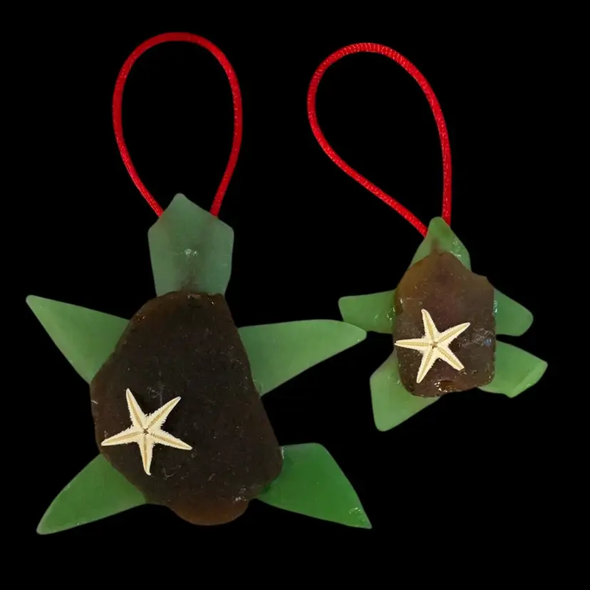 Lot Of (2) Handmade Sea Glass Turtle Ornaments Galveston Texas Sea Glass