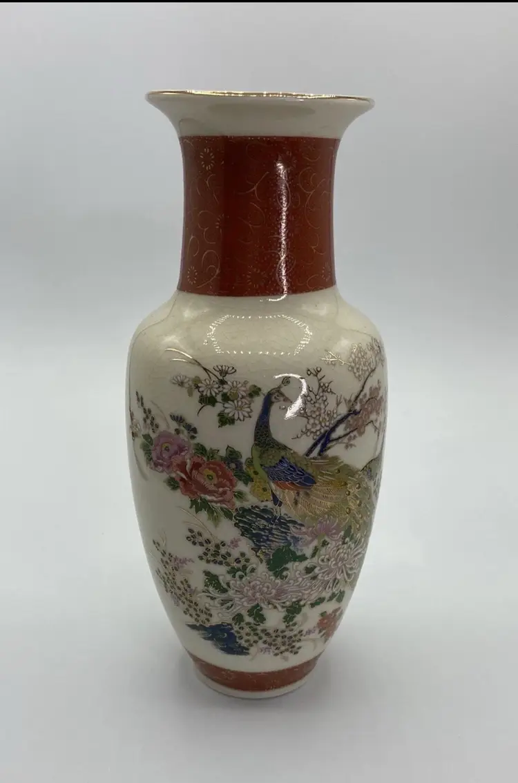 Vintage Vase Satsuma Japan Peacock Floral Ivory Color Porcelain Gold Trim