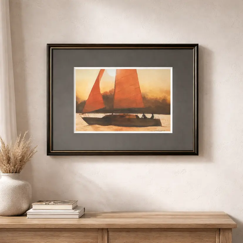 1988  Watercolor Framed & Matted Painting of Sailboat by AJ Garces, 9" x 10.75"