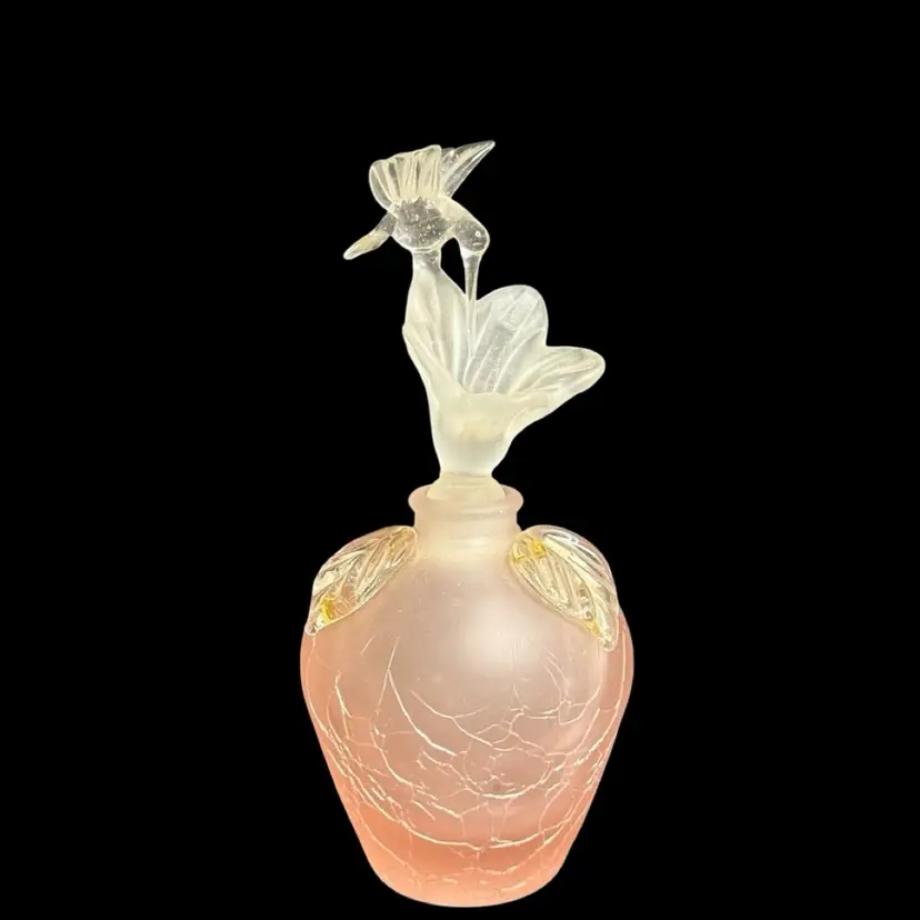 Vintage Golden Crown E&R Perfume Bottle Pink Frosted Crackle Glass Bottle Frosted Flower Stopper W/Hummingbird 
6" T x 2-1/2” W