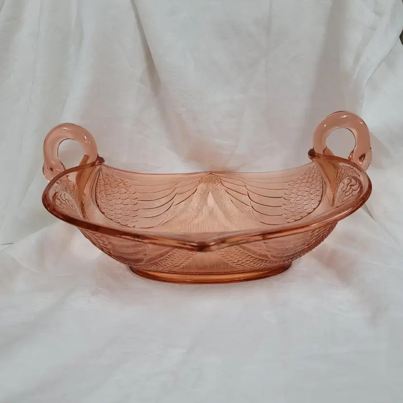 Fenton Pink Depression Glass Swan Handled Bowl