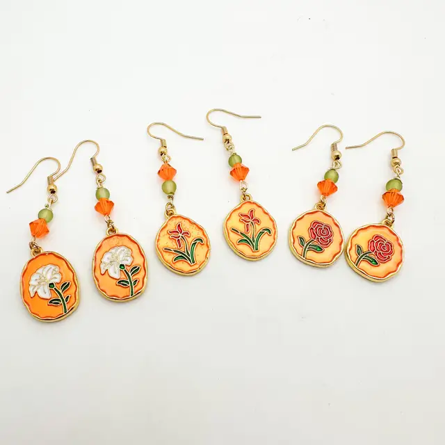 Flower Earrings Orange Enamel Various Gold Tone