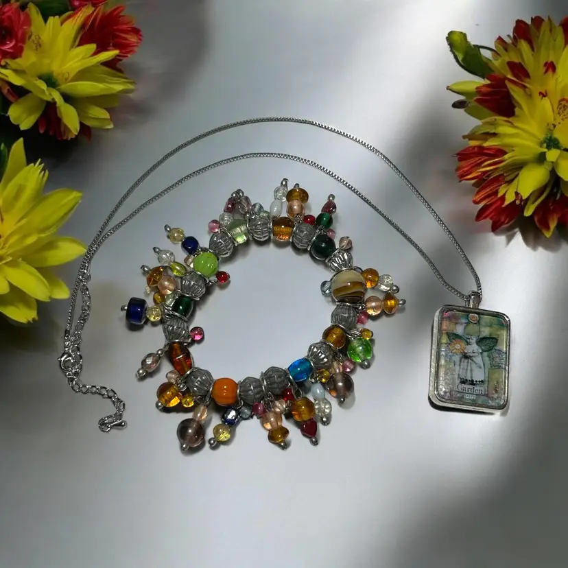Jewelry Set Garden Fairy Pendant Necklace 20" & Stretch Beaded Bracelet