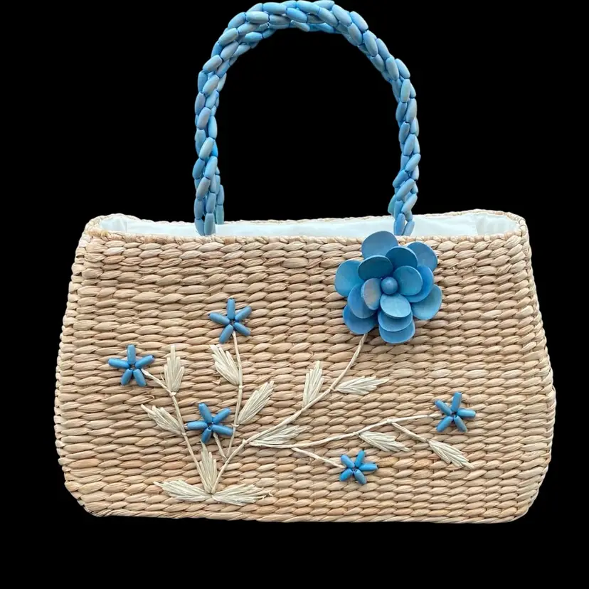 Nine West Straw Purse with Smoky Blue Beaded Flowers & Handles, New