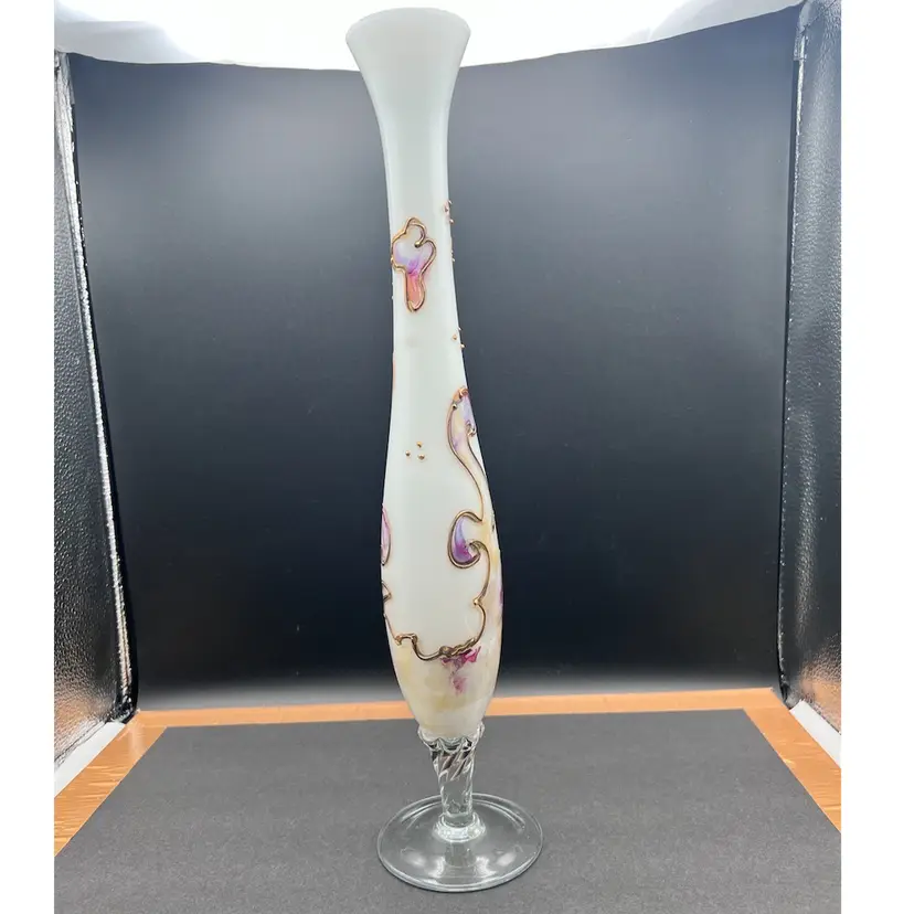 #1068B MCM Hand Blown 15" Tall Italian Bud Vase  
White with Multicolor Abstract Swirl Design Surrounded by Gold Gilt on a Clear Twisted Pedestal