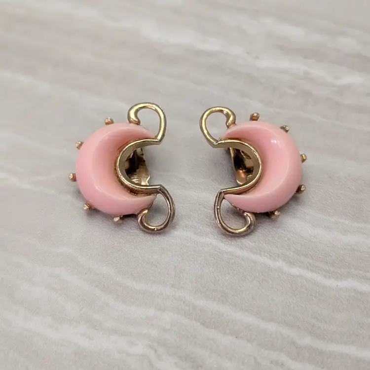 Vintage Clip On Earrings Retro Pink & Gold Tone Moon Shape - Fair Condition