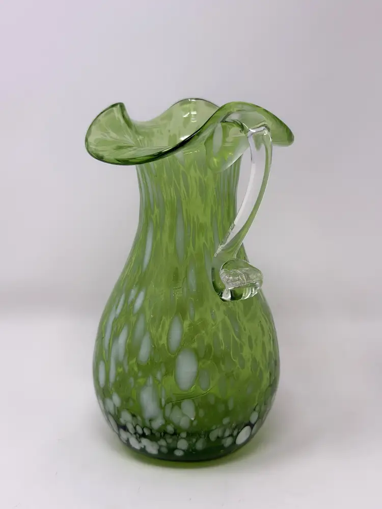 Green Spatter Art Glass Pitcher 5” – Hand-Blown Vase with Applied Handle
