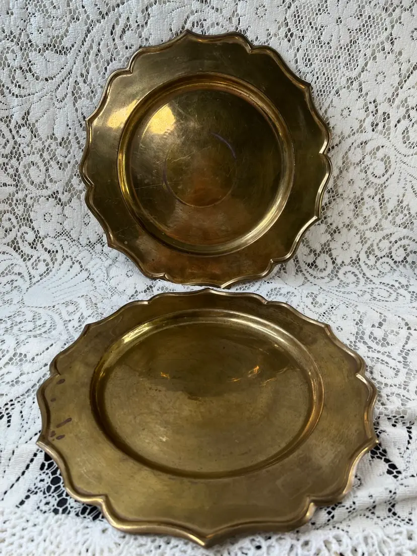002 A Pair Of 12" Scalloped Brass Plate Plates Chargers