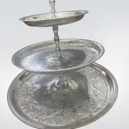 Vintage embossed aluminum tiered serving stands with floral motifs. 1950-1960- Three Tier Stands 10.4” High