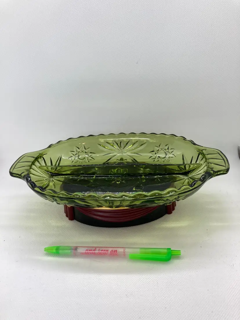 Vintage Star of David Anchor Hocking Oblong Green Glass Divided Dish
