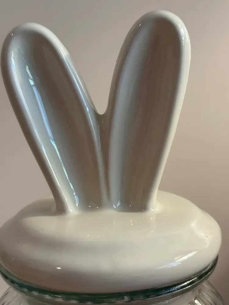 EASTER CANDY JAR Glass Ceramic Bunny Ears Lid 7" in. Tall
