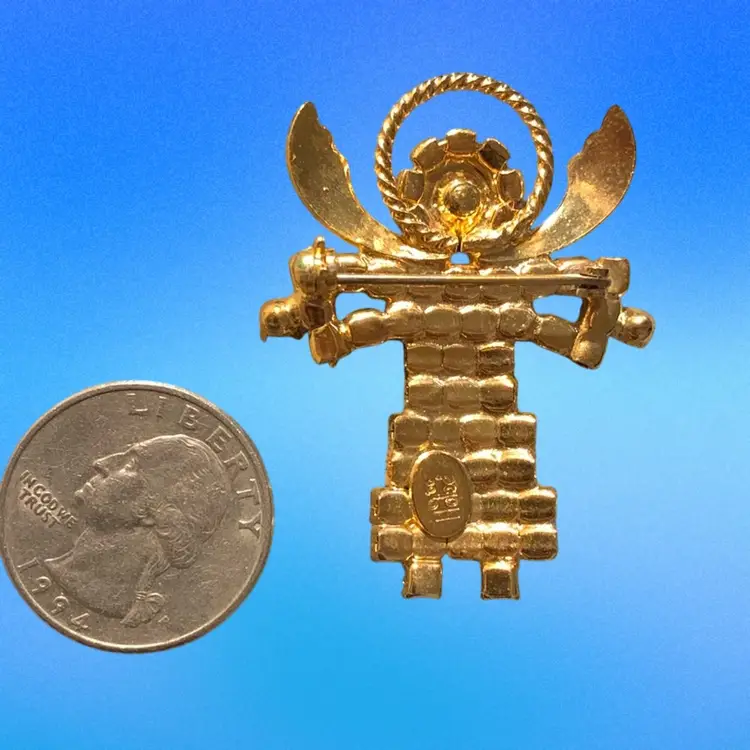 HOBE  Gold Tone Angel Brooch White Rhinestones Body, Faux Pearl Head And Hands, Gold Texture Wings, Gold Tone Halo