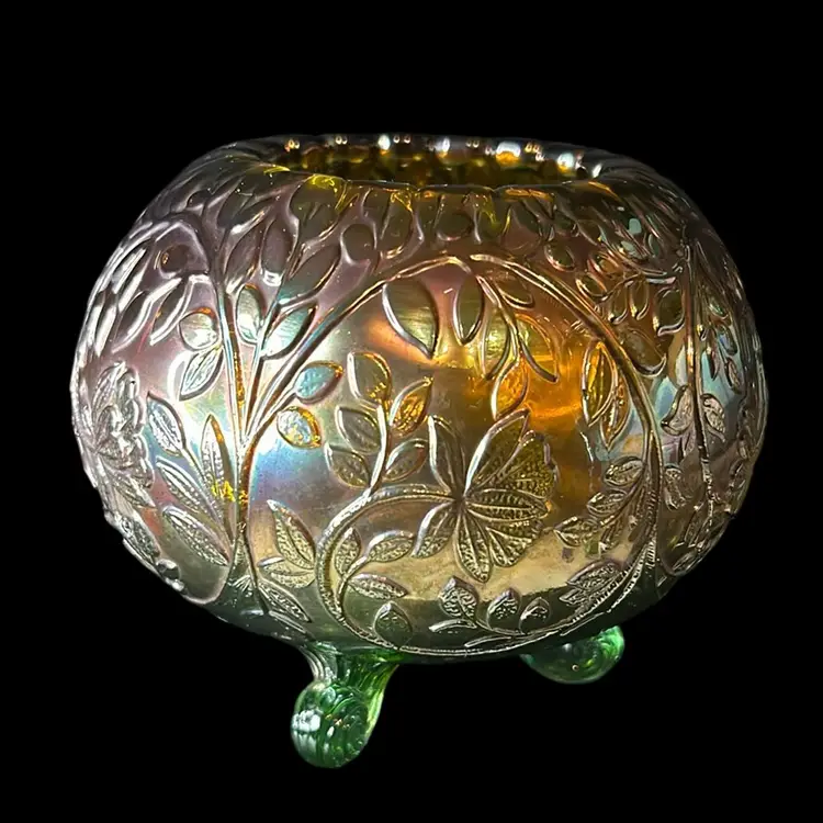 Vintage Westmoreland Louisa Teal/Golden Footed Carnival Glass Three Footed Rose Bowl - FEET GLOW