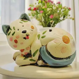 Vintage Chalkware Plaster Smiling Yellow Blue Kitty Cat Coin Bank 1960's Kitschy