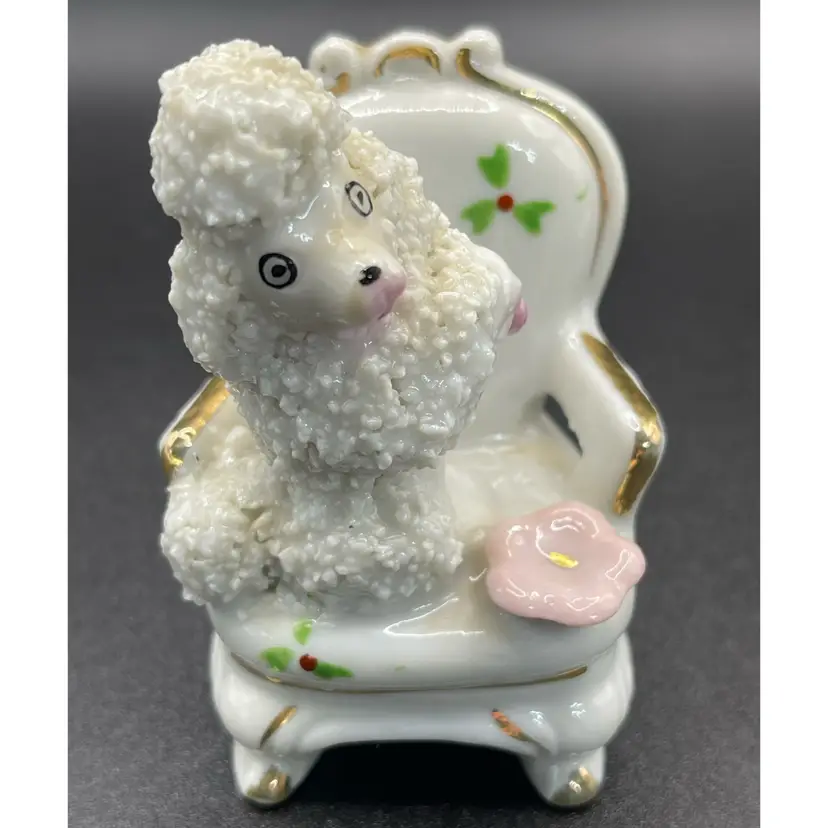 Vintage, Enesco Japan Sugared Poodle On A Chair Figurine