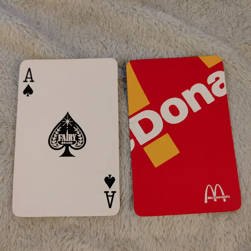 1 Single Swap Card - Playing Card. McDonald's card. Fairy brand. Ace of Spades. Dimension 2.5 x 3.5. Read description.