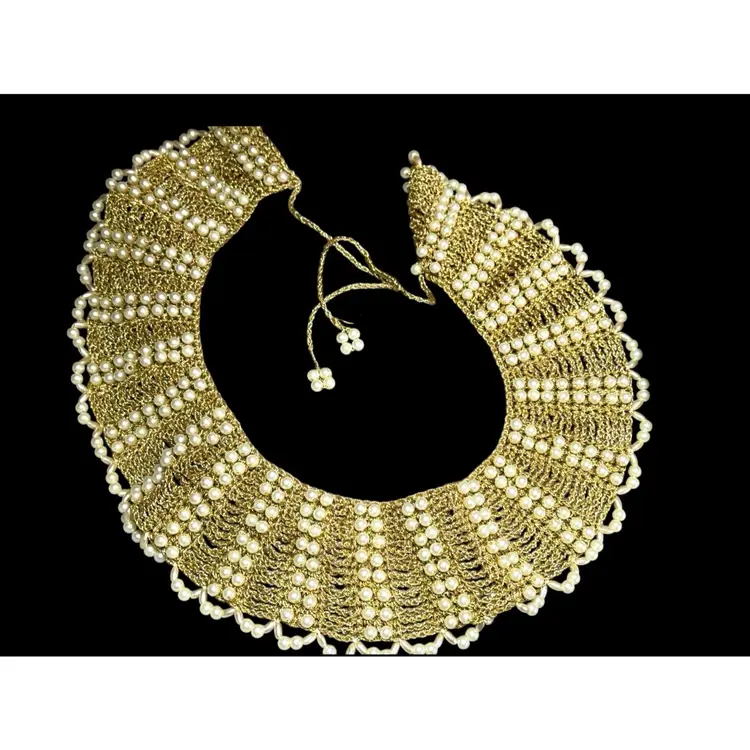 Vintage Gold Metallic Crocheted Faux Pearl Collar 15” with Two 6” Ties ca. 1960s