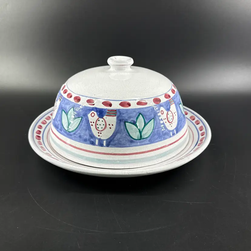 MM Pottery Portugal Solimene Style Majolica Redware Cake Plate With Cloche Hand Painted Birds