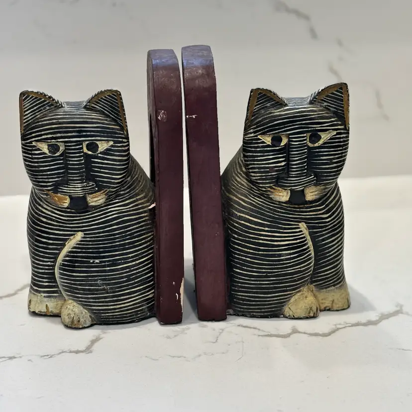 Vintage Black And White Striped Cat Wooden Bookends