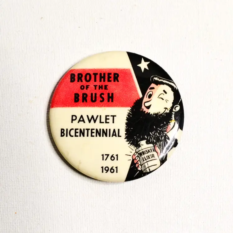 1961 Pawlet VT Bicentennial ‘Brother of the Brush’ Beard Button – Whisker Elixir Vintage Pin”