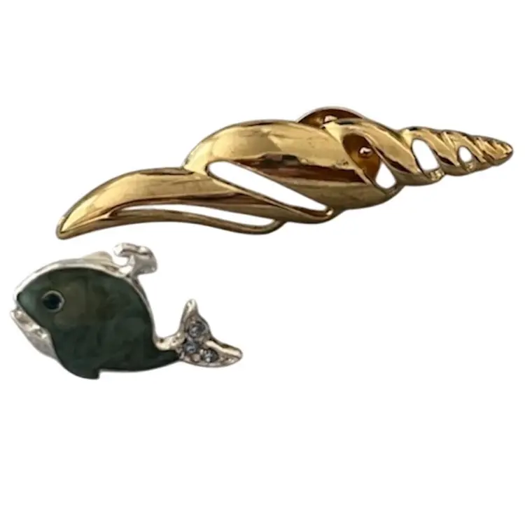 Set Of 2 Nautical Pins—Silver Tone Enameled Whale and Gold Tone Seashell