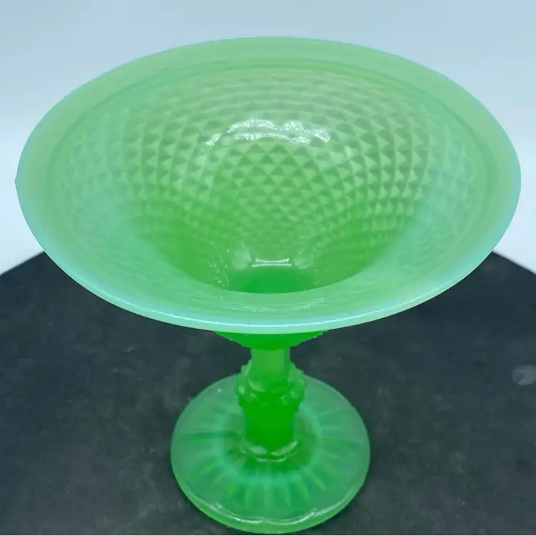 #0318 Green EAPG glass compote with diamond-point hobnail pattern.