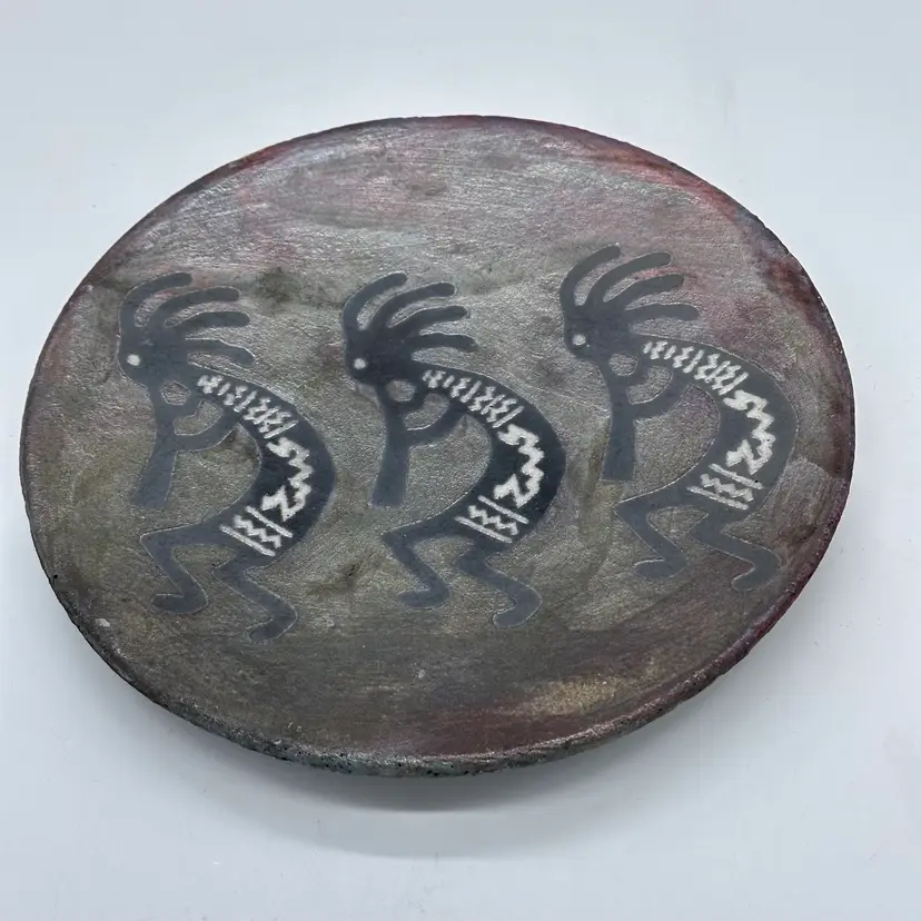 Ben Diller Raku Pottery Kokopelli Trio Southwest Plate Signed 2004