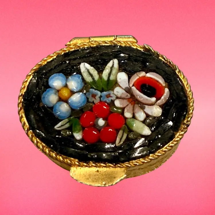 Vintage MCM Miniature 1.25” Micro Mosaic GoldTone Trinket Box