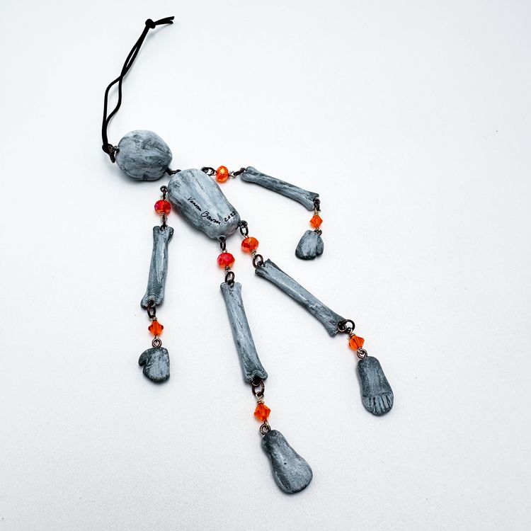 Articulated Skeleton Ornament Handmade Beaded Air Dry Clay Signed 7"L