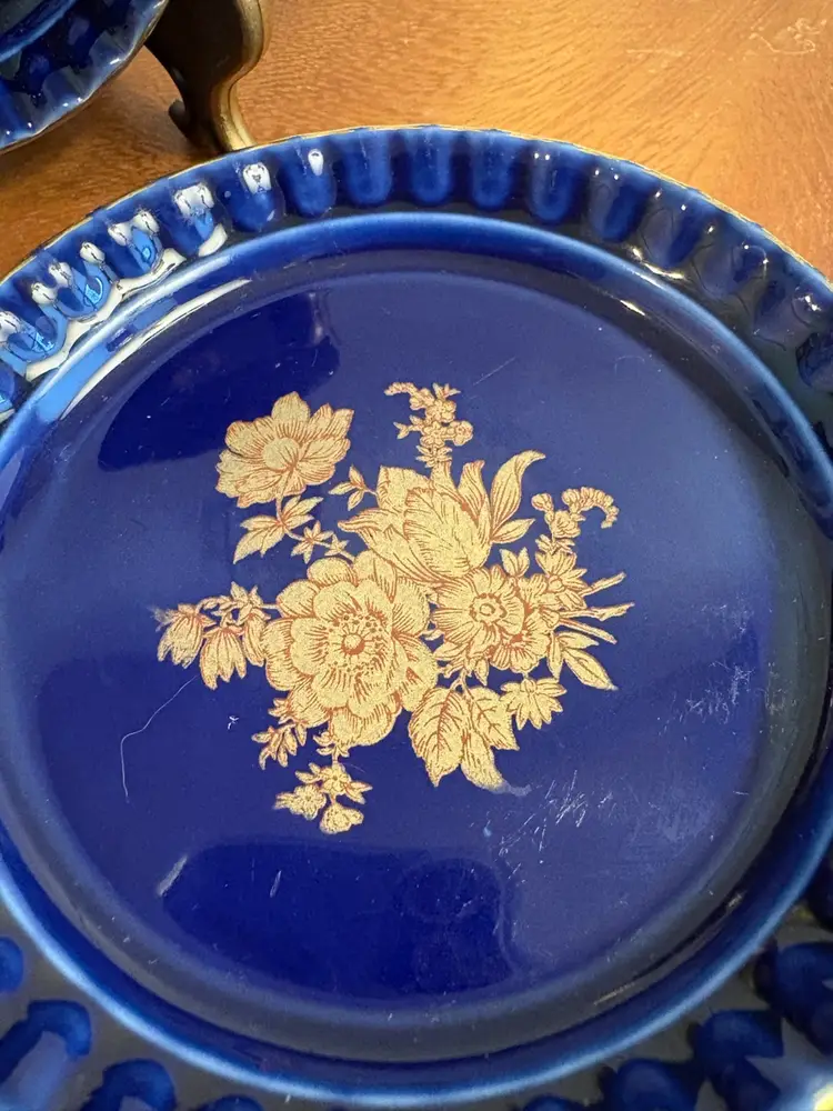 Set Of Three Vintage Lindner Kueps Bavaria Echt Cobalt Blue Porcelain Trinket Dishes