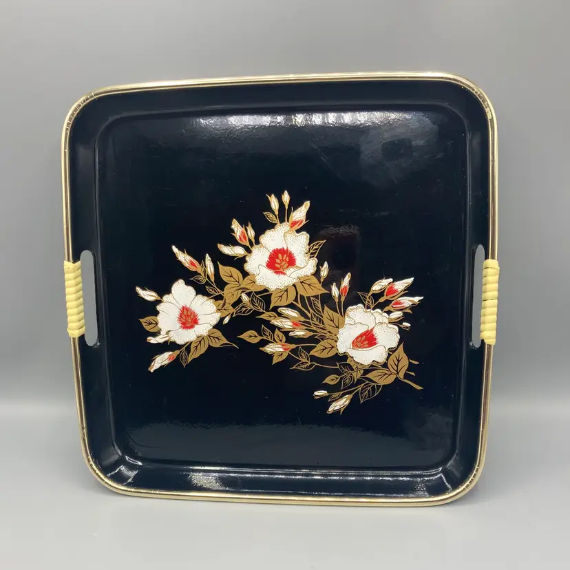 Japanese Lacquered Black Floral Square Tray with Handles