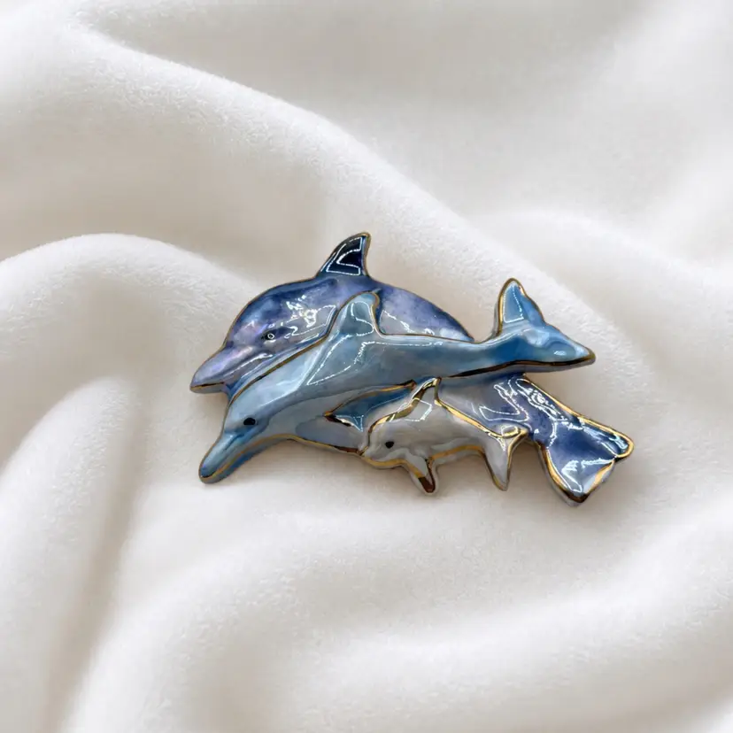 Summer - Handmade Luster Dolphin Pod Clay Brooch