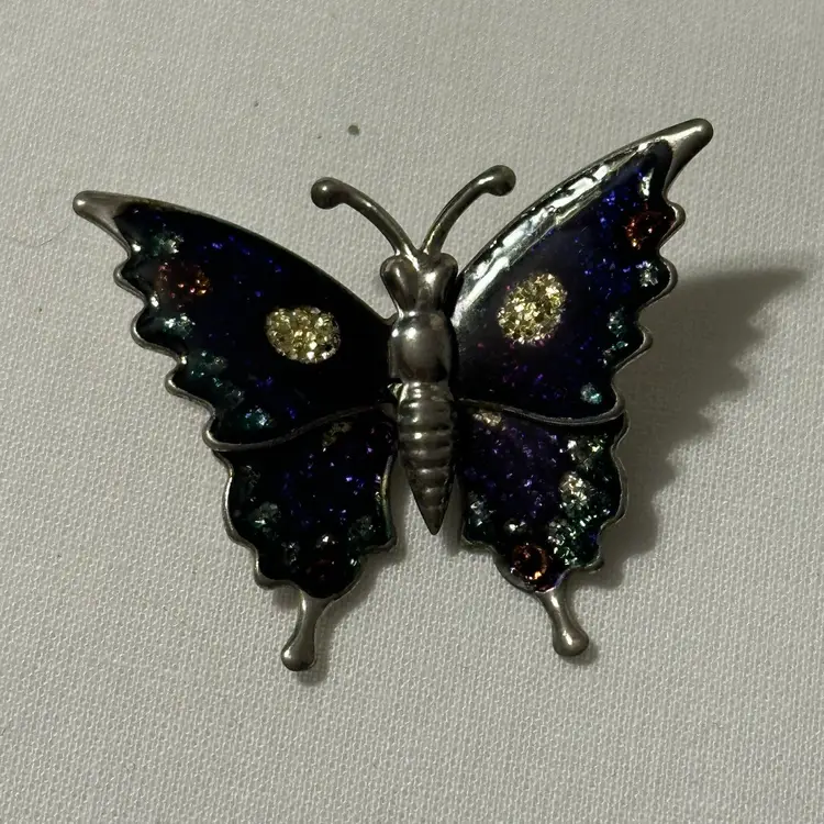 Vintage Gold Tone Butterfly With Green Gold Purple Enamel Brooch