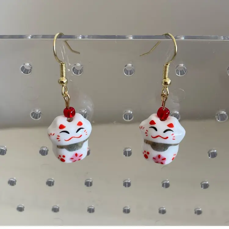 Vintage Lucky Cat Porcelain Earrings